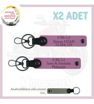 Motorcuya İsim Plaka ve 0 Rh (+) Kan Grubu Yazılı Kişiselleştirilmiş Deri x2 Anahtarlık, Pembe-Gr (Çok Renkli)