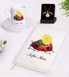 BK Gift Kişiye Özel Uğur Böceği Temalı Beyaz Defter Türk Kahvesi Fincanı ve Açılan Uğur Böceği Kolye Hediye Seti-2 (Model 1)