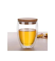 Perotti Çift Cidarlı Bambu Kapaklı Cam Bardak Kupa 350 ml 12462