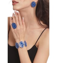 Kadın Gümüş Renk Lak Kaplama Çivili Model Gece Mavisi Mineli Küpe &Yüzük &Bileklik Set