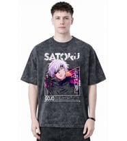 Tasarım Gojo Satoru Jujutsu Kaisen Anime Baskılı Unisex Oversize Eskitme Yıkamalı Tişört