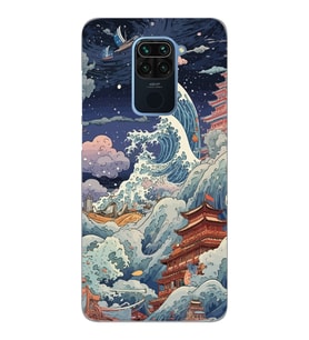 Xiaomi Redmi Note 9 Uyumlu Kanagawa Dalga Kolaj Desenli Şeffaf Telefon Kılıfı
