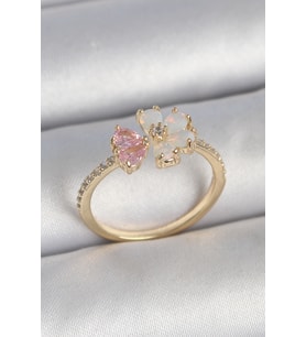 Pirinç Renk Beyaz Mineli Pembe Zirkon Taşlı Çiçek Model Kadın Yüzük 5886