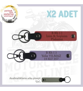 Motosiklet Maceracılarına, İsim Plaka ve B Rh (-) Yazılı x2' li Deri Anahtarlık, Nar Çiçeği-Mor-Gr (Çok Renkli)