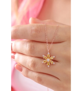 925 Ayar Gümüş Zincirli Rose Kaplama Sarı Damla Taşlı Kamelya Lotus Çiçeği Kolye