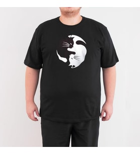 Bant Giyim - Yin Yang Kedi 4XL Büyük Beden Siyah Erkek Tişört (Siyah - Beyaz)