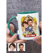 Sevgiliye Özel Hediye Ev Temalı Karikatürlü Yeşil Kupa Bardak