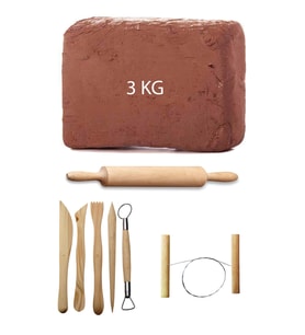 Kahve Çamur Kırmızı Kil Seramik Hamuru 3 kg Ebeşuar Seti Ahşap Merdane Seramik Çamur Kesme Teli