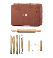 Kahve Çamur Kırmızı Kil Seramik Hamuru 3 kg Ebeşuar Seti Ahşap Merdane Seramik Çamur Kesme Teli