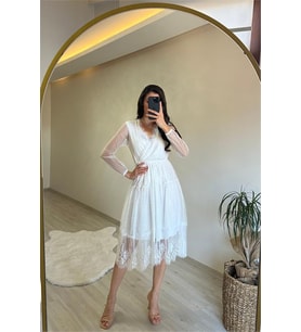 Neşeli butik kadın kruvaze yaka dantelli tül elbise NM010 (Beyaz)