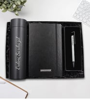 Kişiye Özel 500 ML Siyah Dereceli Termos & Siyah Defter & Telefon Tutuculu Tükenmez Kalem Hediye Seti