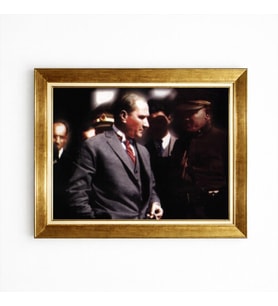 Tablore Altın Çerçeveli Mustafa Kemal Atatürk Portre Tablo Nostaljik Tarihi Renkli Atatürk Fotoğrafı Duvar Dekoru