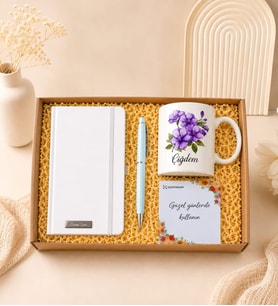 Kişiye Özel Premium Defter, Lotus Çiçek Desenli Kupa & Kalem Hediye Seti