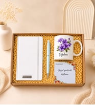 Kişiye Özel Premium Defter, Lotus Çiçek Desenli Kupa & Kalem Hediye Seti