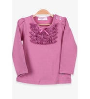 Breeze Kız Çocuk Uzun Kollu Tişört Güpürlü Fiyonklu 6 Ay-8 Yaş, Mürdüm