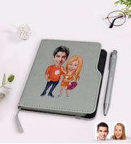 BK Gift Kişiye Özel Sevgililer Karikatürlü Gri Termo Deri Defter Kalem Seti-54