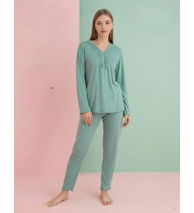 Pijamerry Kadın Bambu Baharlık Dantel Yaka Uzun Kol İnce Pijama Takımı 5208Y - 1 Adet (Yeşil)