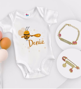BK Kids Kişiye Özel İsimli Beyaz Bebek Body Zıbın Kız Bebek Künyesi ve İğnesi Hediye Seti-35