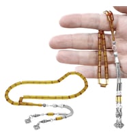 Ateş Kehribar Tesbih - Kararmaz Metal Damla Püsküllü - Mini Boy - Sarı Renk - Kesme Kesim