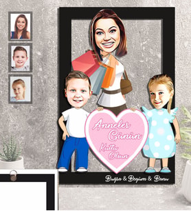 Kişiye Özel Anneler Günü Anne Erkek Kız Kardeş Karikatürlü 3D Ahşap Tablo 30x47 Model-2