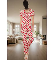 Evde Rahatlık İçin Pamuk Polyester Örme Pijama Takımı Çilek Desenli Konforlu Kesim (Pembe)