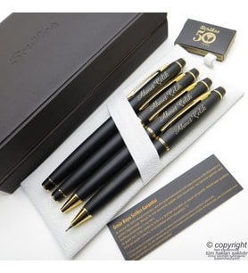 Scrikss 35 4'lü Set Mat Siyah Altın Ahşap Deri Kutulu  Dolma Kalem + Roller Kalem + Tükenmez Kalem +Versatil Kalem Seti  Scrikss Noble  İsme Özel Kalem  Hediyelik Kalem