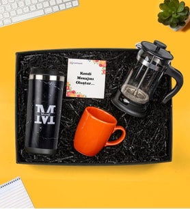 Kişiye Özel Harf Tasarımlı Termos, French Press ve Kupa Hediye Seti