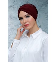 Bordo Pratik Hazır Geçmeli Tesettür Bone Sandy Kumaş Pullu Büzgülü 1906_16