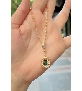 Gümüş seranay yeşil taşlı toplu zincirli kolye (Sarı)