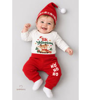 Bebek Yılbaşı Takımı İlk Yılbaşım Baskılı Noel Kıyafeti %100 Pamuk 3'lü Body Pantolon Noel Şapkası Yılbaşı Kostüm