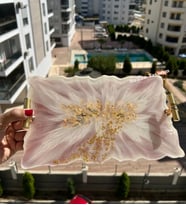 Altın Varaklı Dikdörtgen Desenli Iki Kişilik Söz Nişan Damat Epoksi Sunum Tepsisi (Krem)