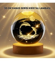 Mey İthalat® Lazer İşlemeli Yunus Kristal Küre Sıcak Işıklı Ahşap Standlı