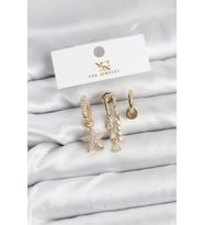 Pirinç Gold Renk Zirkon Taşlı Yıldız Vintage Model YSX Trio Küpe Seti - TJ-BKP11562