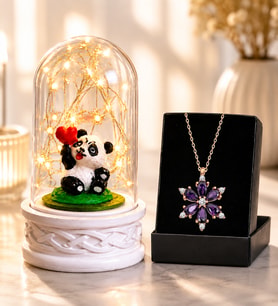 Led Işıklı Pandalı Fanus ve Gerçek Ametist Taşlı Lotus Kolye Sevgiliye Hediye Anneye Arkadaşa Hediye