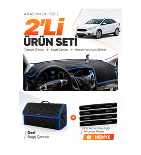 e-biz FORD FOCUS 3.5 SEDAN (2014-2018) Uyumlu Torpido Örtüsü + Deri Çanta - Siyah-Mavi - FO012