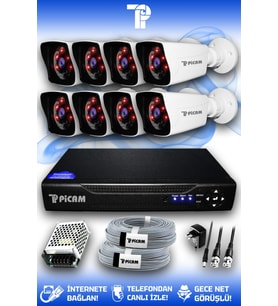 PICAM 8 Kameralı Kare 8 Dış Kamera Set HDD'siz Full HD Gece Görüşlü Güvenlik Kamerası Sistemi