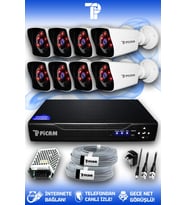PICAM 8 Kameralı Kare 8 Dış Kamera Set HDD'siz Full HD Gece Görüşlü Güvenlik Kamerası Sistemi