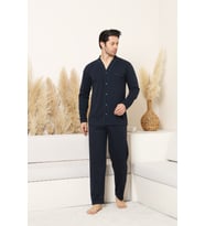 Erkek %100 Pamuklu Boydan Düğmeli Pijama Takımı 12480 ENİSENA (Koyu Lacivert)