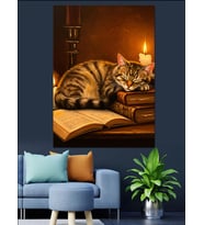 Uyuyan Kedi Mum Işıkları Dekoratif Kanvas - Mdf Ahşap Tablo