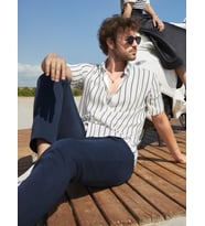 Dufy Beyaz Erkek Regular Fit Çizgili Düğmeli Yaka Kısa Kol Gömlek - 94935
