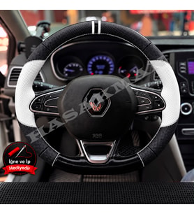 Renault Megane 4 Dikme Direksiyon Kılıfı Delikli Deri Parlak Siyah Beyaz Detay Çift Yüzük ve Dikiş 2016-2024