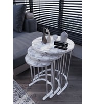 3' Lü Zigon Sehpa Gümüş Ayak Beyaz Mermer Desen 18 mm Mdf