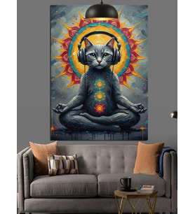 Meditasyon Yapan Kulaklıklı Kedi Dekoratif Kanvas - Mdf Ahşap Tablo