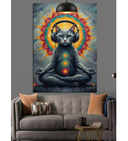 Meditasyon Yapan Kulaklıklı Kedi Dekoratif Kanvas - Mdf Ahşap Tablo