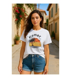 Kadın Bisiklet Yaka %100 Pamuk Kemer Baskılı Kısa Kollu T-Shirt