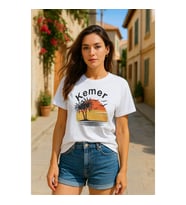 Kadın Bisiklet Yaka %100 Pamuk Kemer Baskılı Kısa Kollu T-Shirt