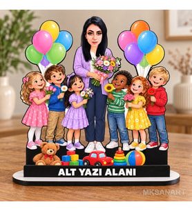 Fotoğraftan Kişiye Özel Kadın Anaokulu Öğretmeni Karikatürlü 18 cm MDF Masaüstü Biblo - Öğretmen Hediyesi Öğretmene Özel Hediye