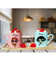 Power Puff Blossom & Buttercup Arkadaş Çift Tasarımlı Pembe & Yeşil Ahşap Tabaklı Kişiye Özel Türk Kahvesi Fincanı Seti