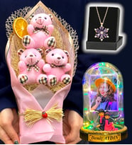 Kişiye Özel Renkli Led Işıklı Fanus, Büyük Boy Ayıcık Buketi ve Gerçek Ametist Taşlı Lotus Kolye (Model 4)