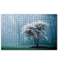 Cakapuzzle Beyaz Çiçekli Ağaç ve Arkada Sisli Orman Puzzle Yapboz MDF (Ahşap) (120 Parça)